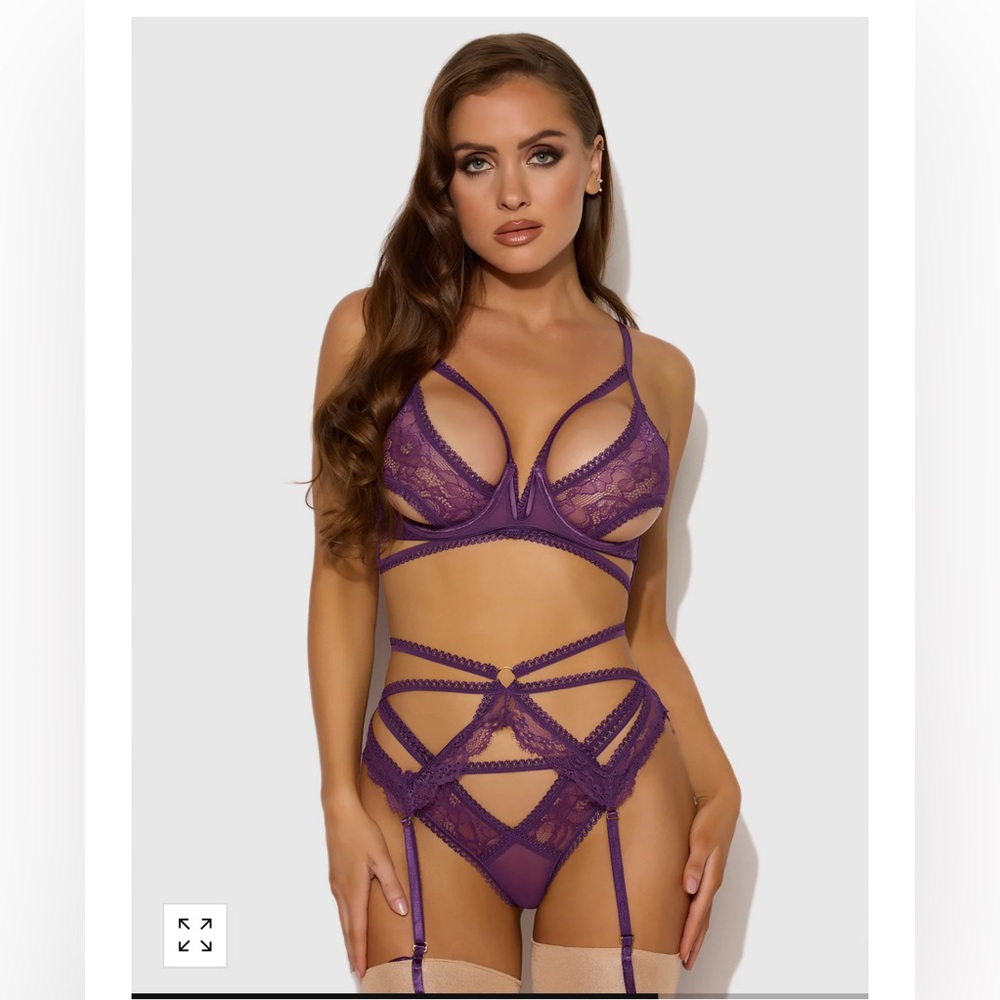 House Of Desire BIANCA STRAPPY LACE BRA, GARTER & HIPSTER SET Large NWT